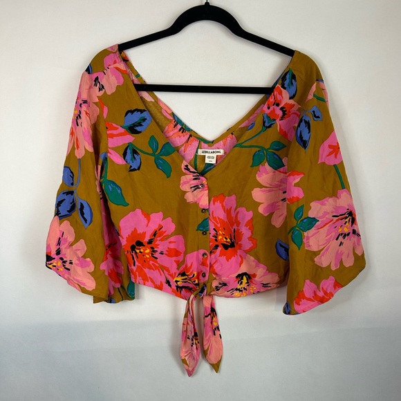 Billabong Tops - Billabong Women's Crop Top Front Tie Floral Long Sleeves Top Large Tropical
